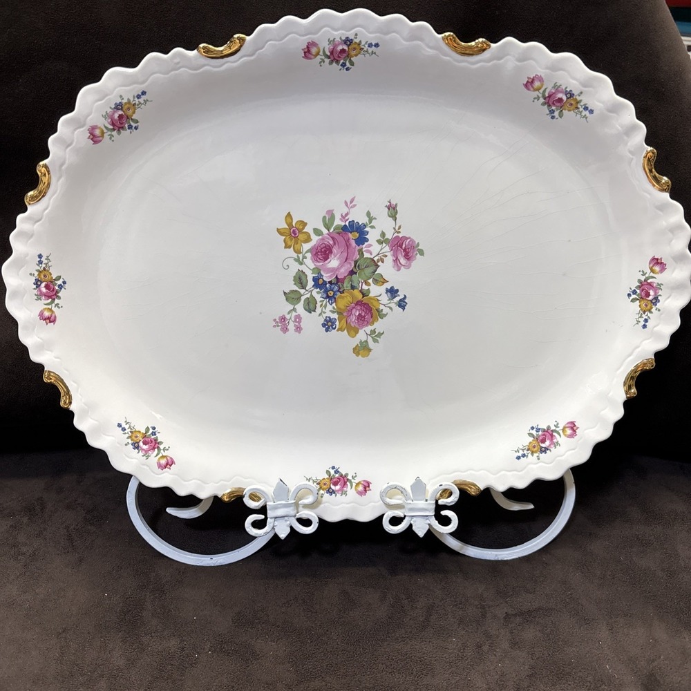 Vtg American Artwork Serving Platter Pink Blue yellow Flowers By Edna Bullock